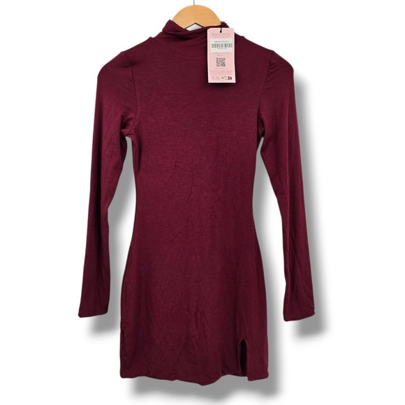 New Oh Polly Wine Red Long Sleeve Mini Dress Mock Neck Bodycon Small - Picture 1 of 12